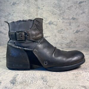 Replay Leather & Denim Deconstructed Biker Ankle Boots Zip Side Moto Boots